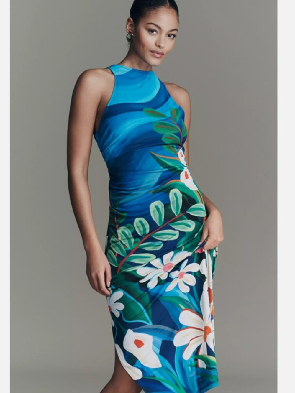 Farm Rio x Anthropologie Sleeveles Printed Midi Dress Floral Wave Blue XL NWT
